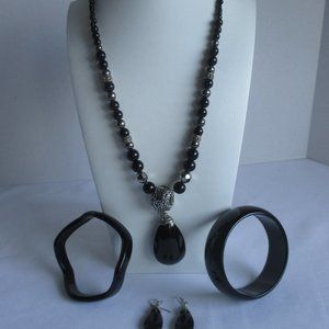 4 Piece Black Lucite Set.  Necklace/Drop earrings/2 Bracelets.